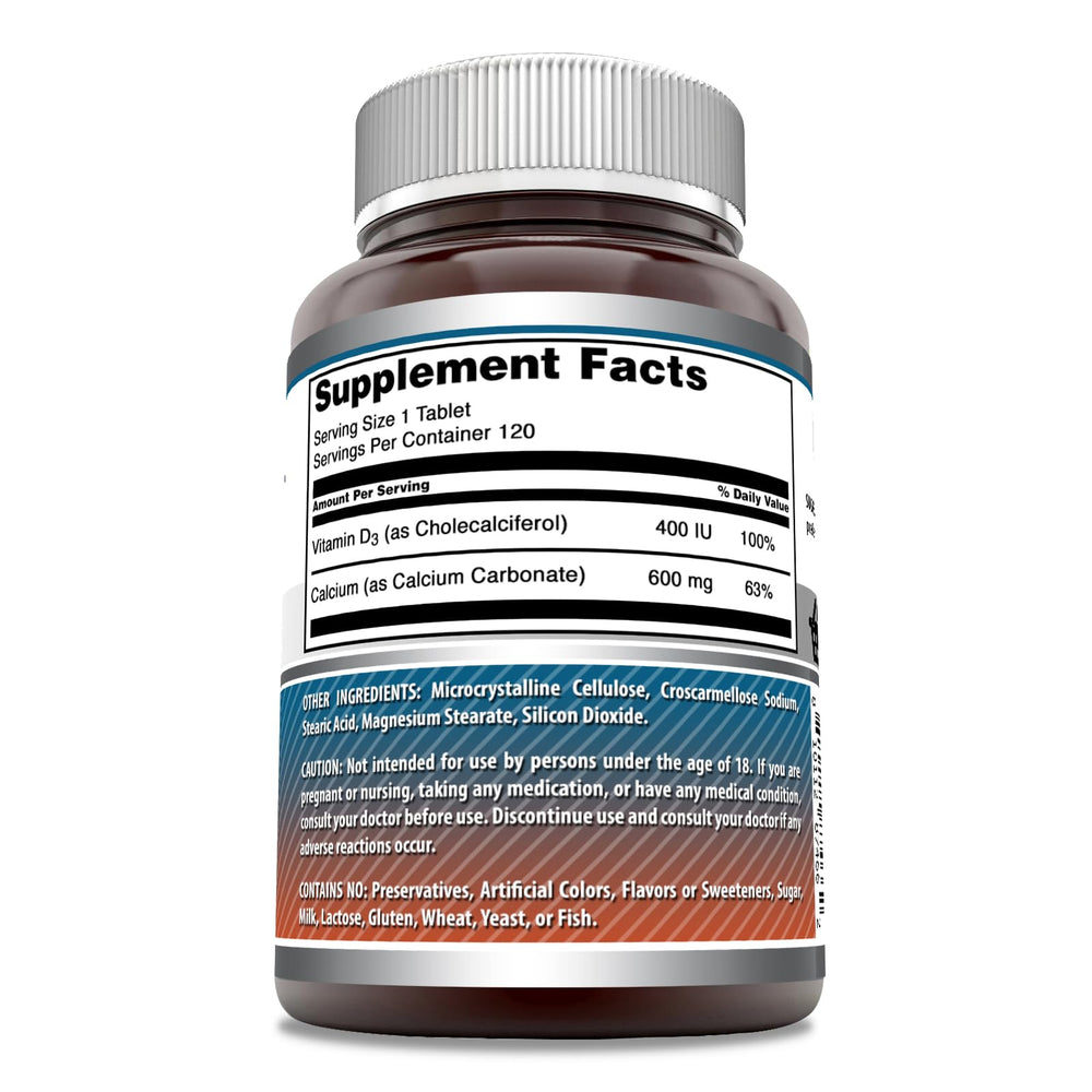 Close-up of bottle label showing 600 mg calcium and 400 IU vitamin D3 per serving