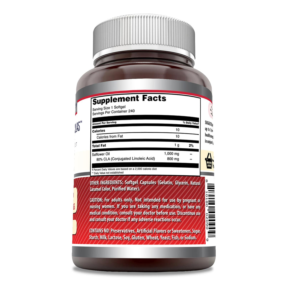 Back label with nutrition facts on CLA softgels bottle