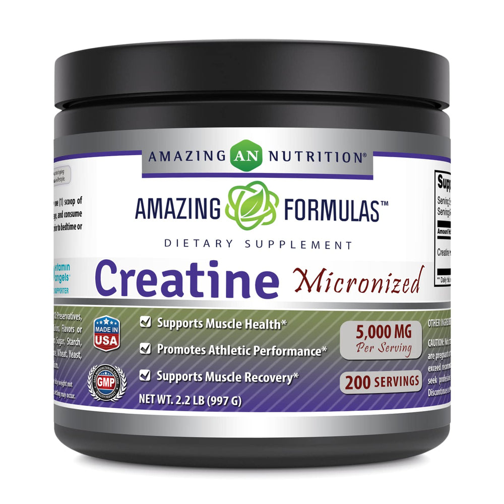 Bottle of Amazing Formulas Micronized Creatine Monohydrate Powder – 5000 mg per serving, USA made
