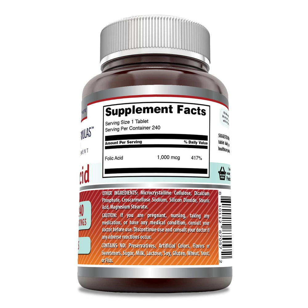 Box packaging for Amazing Formulas Folic Acid 1000 mcg tablets (Non-GMO, Gluten Free, Made in USA)