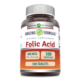 Front and back view of Amazing Formulas Folic Acid 400 mcg bottle