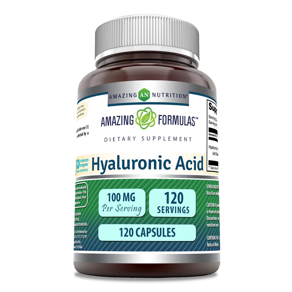Front view of Amazing Formulas Hyaluronic Acid 100 mg capsules bottle