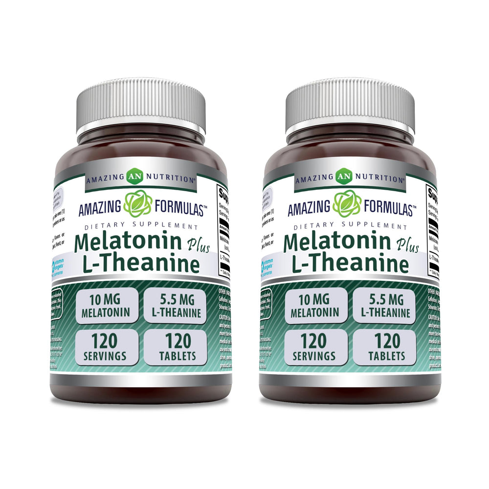 Bottle of Amazing Formulas Melatonin 10 mg with L-Theanine 5.5 mg (120 tablets) 2-pack