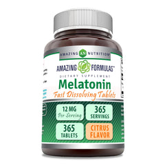 Bottle of Amazing Formulas Melatonin Fast Dissolving Citrus 12 mg with 365 tablets