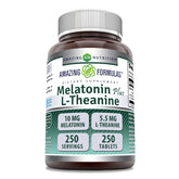 Bottle of Amazing Formulas Melatonin Plus L-Theanine 10 mg tablets, 250-count