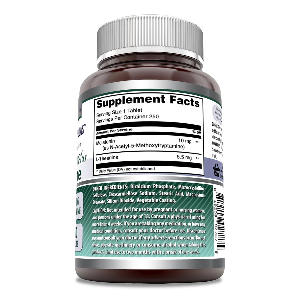 Close-up label highlighting 10 mg melatonin and L-Theanine per serving