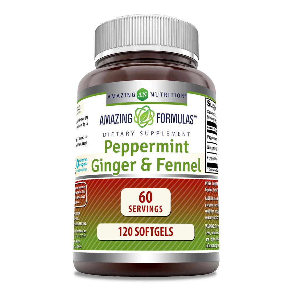 Main image: Amazing Formulas Peppermint Ginger Fennel dietary supplement bottle with 120 softgels