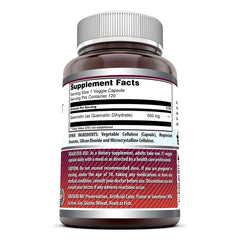 Quercetin 500mg bottle label showing Non-GMO and Gluten Free