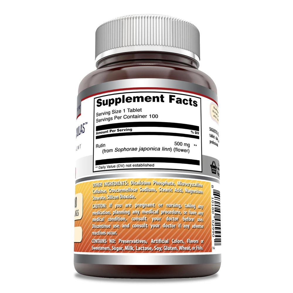 Close-up of Rutin supplement bottle label showing 500mg and 1 tablet per serving