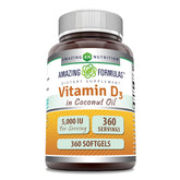 Bottle of Amazing Formulas Vitamin D3 5000 IU softgels with coconut oil