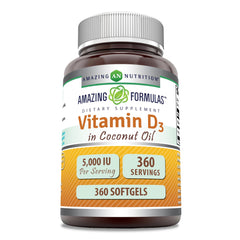 Bottle of Amazing Formulas Vitamin D3 5000 IU softgels with coconut oil