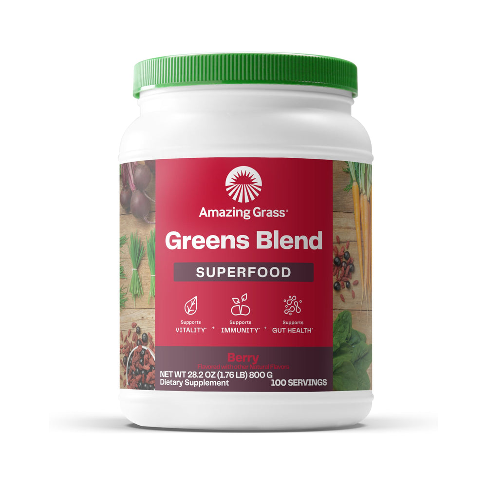 Front view of Amazing Grass Greens Blend Berry flavor container