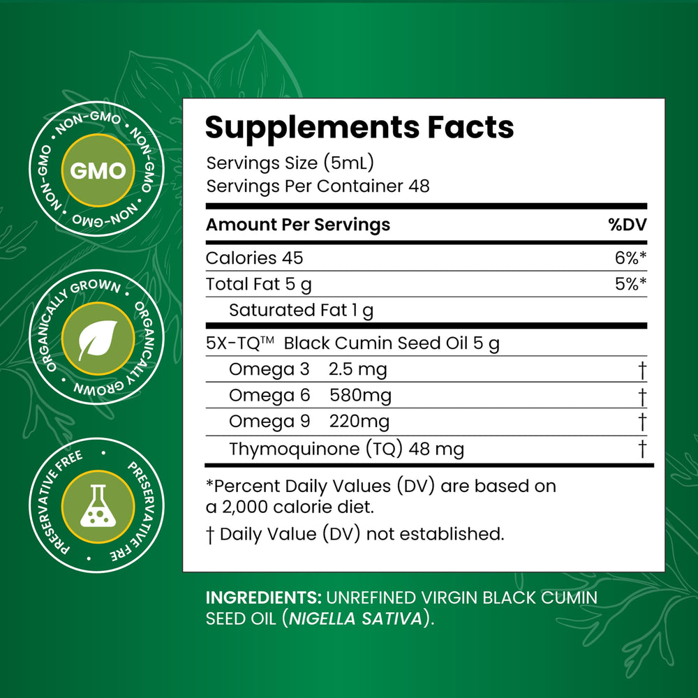 Product label for Amazing Herbs Black Seed Oil 8oz pack of 2