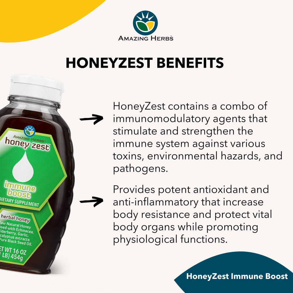 Amazing Herbs HoneyZest label detail highlighting non-GMO and gluten-free claims.