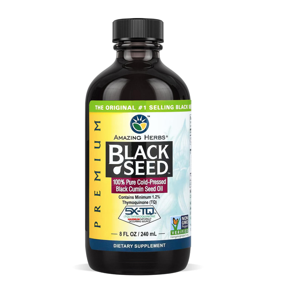 Amazing Herbs Premium Black Seed Oil bottle shown for daily immune support and digestive wellness.