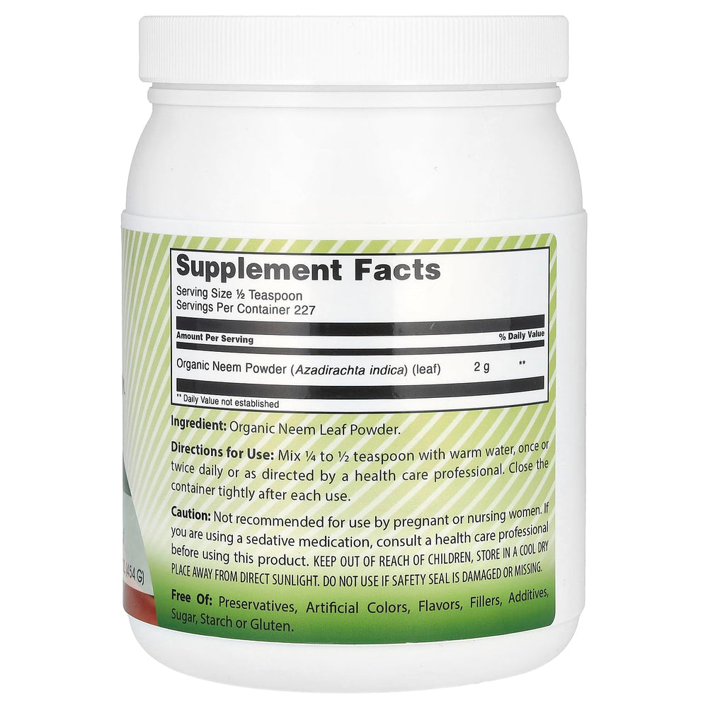 Neem leaves and powder close-up, organic and non-GMO