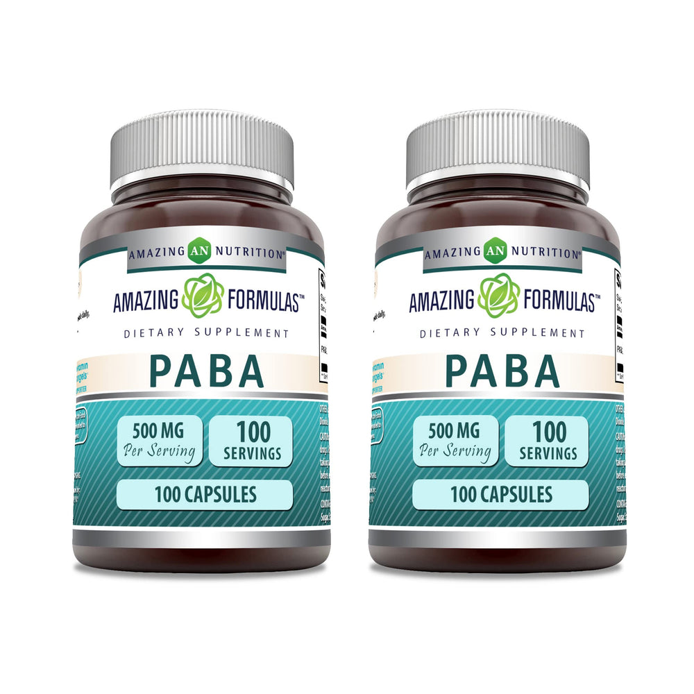 Amazing Formulas PABA Supplement bottle 500 mg - 100 capsules - Non-GMO, Gluten Free - Made in USA