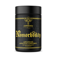 Ambrosia Nomorbidity bottle with open cap highlighting appetite control during meals.