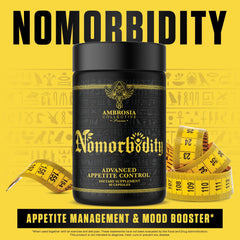 Ambrosia Nomorbidity bottle side view highlighting premium ingredients and stimulant-free formula.