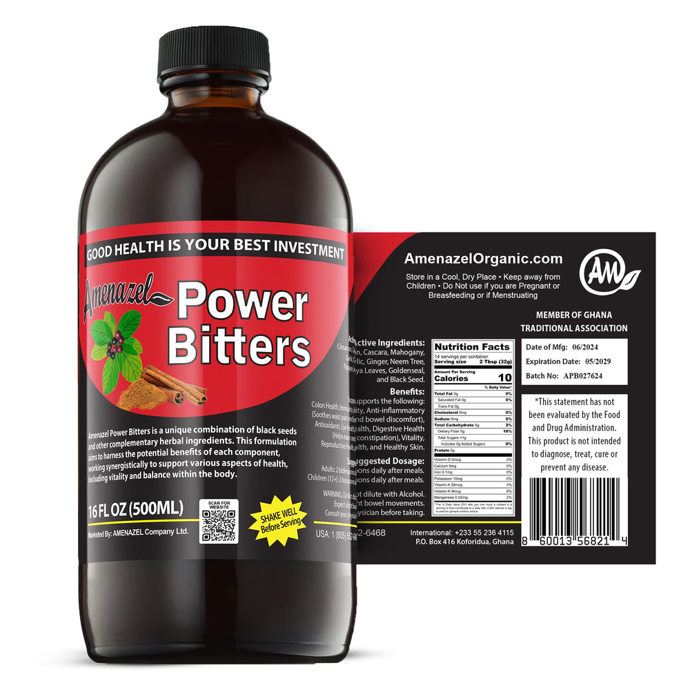 Amenazel Organic Power Bitters bottle 16 oz with herbs and natural ingredients