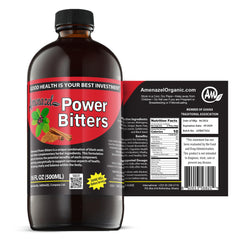 Amenazel Organic Power Bitters bottle 16 oz with herbs and natural ingredients