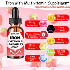 Close-up of liquid iron dropper with strawberry flavor label