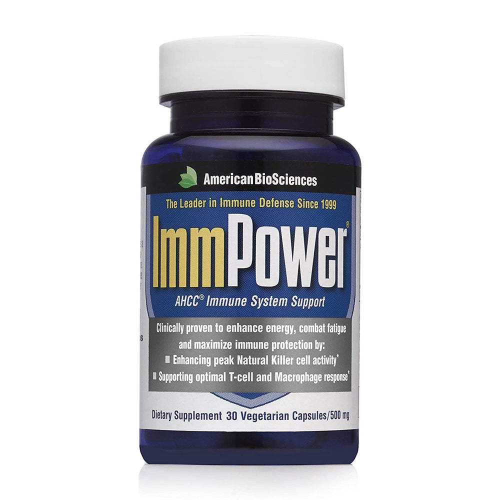 ImmPower AHCC supplement bottle with 30 vegetarian capsules