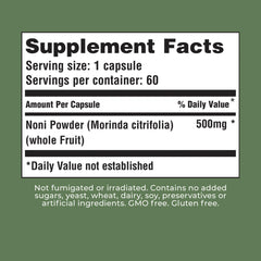 Label highlighting 100% Hawaiian Noni fruit juice origin