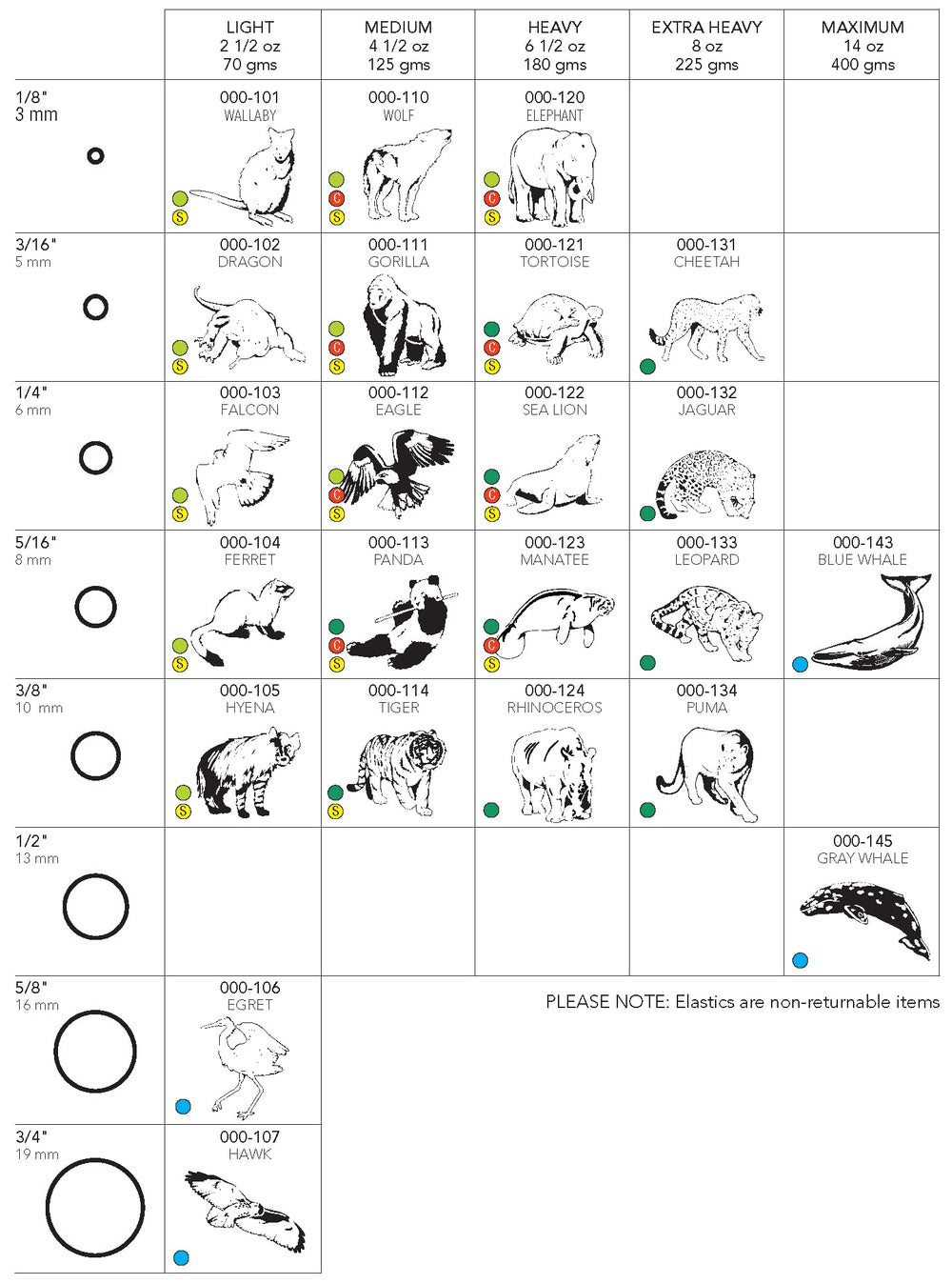 Elastics dimensions labeled for exact sizing in Wildlife Hawk line