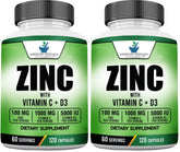 Front label of American Standard Supplements Zinc 100mg, Vitamin C 1000mg, and Vitamin D3 5000 IU (120 capsules; Pack of 2)