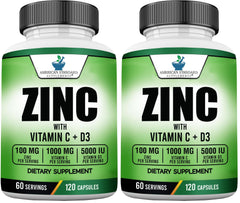 Front label of American Standard Supplements Zinc 100mg, Vitamin C 1000mg, and Vitamin D3 5000 IU (120 capsules; Pack of 2)