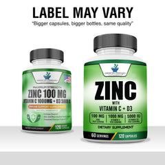 Close-up of ingredients Zinc 100mg, Vitamin C 1000mg, Vitamin D3 5000 IU for immune support