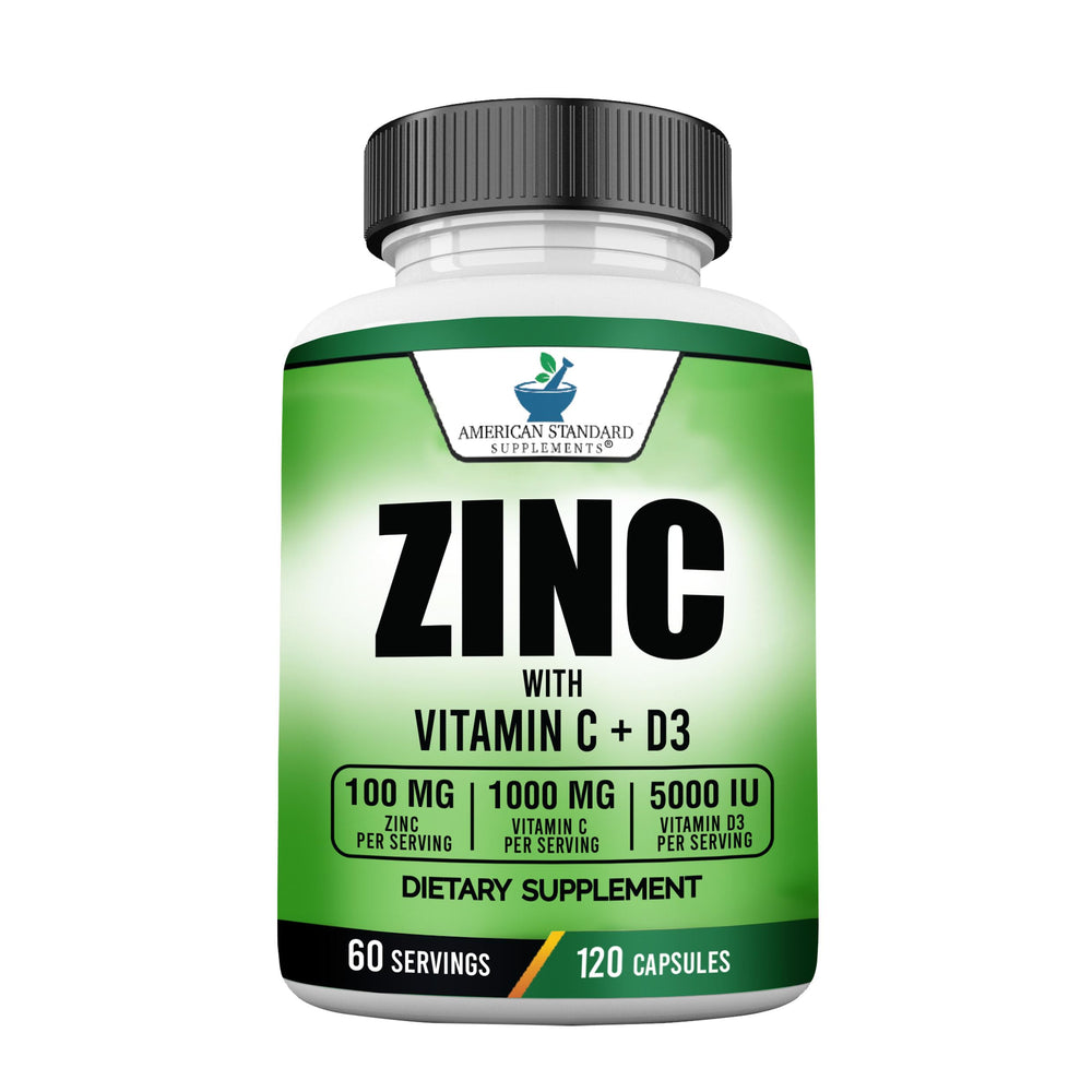 Bottle of American Standard Supplements Zinc 100mg, Vitamin C 1000mg, and Vitamin D3 5000 IU