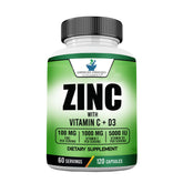 Bottle of American Standard Supplements Zinc 100mg, Vitamin C 1000mg, and Vitamin D3 5000 IU