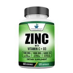 Bottle of American Standard Supplements Zinc 100mg, Vitamin C 1000mg, and Vitamin D3 5000 IU