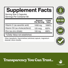 Capsules showing zinc, vitamin C, and vitamin D3 blend
