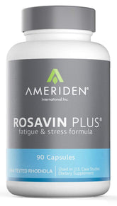 AMERIDEN Rosavin Plus bottle for daily energy and mental clarity on the kitchen counter.