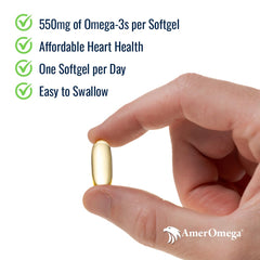 Close-up of AmerOmega omega-3 softgels for heart health