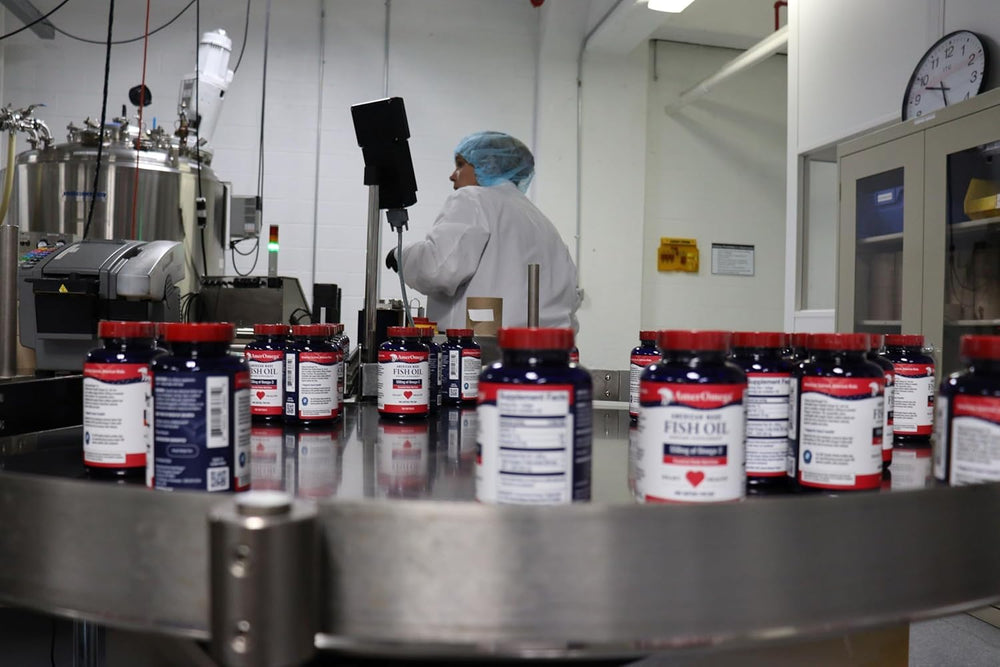 Close-up of AmerOmega Omega-3 label highlighting 550 mg per softgel