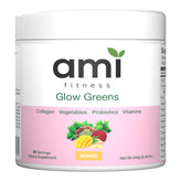 Ami Fitness Glow Greens container promotes daily nutrition with mango-flavored greens blend