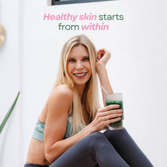 Probiotics capsules paired with Ami Fitness Glow Greens suggest a gut-friendly daily routine