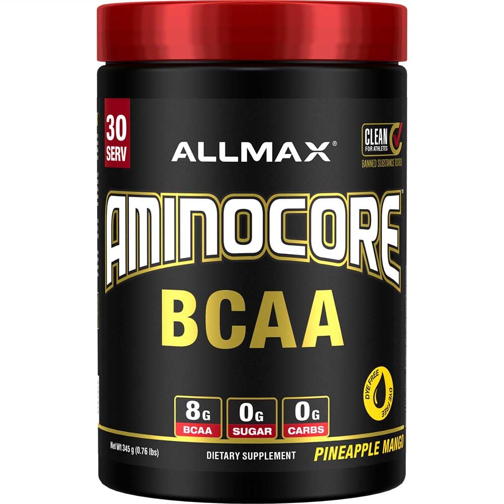 Front view of ALLMAX AMINOCORE BCAA powder Pineapple Mango 315 g tub