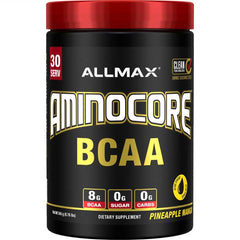 Front view of ALLMAX AMINOCORE BCAA powder Pineapple Mango 315 g tub