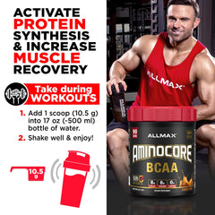 AMINOCORE BCAA powder dissolving in water in a bottle
