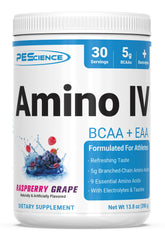 Front label of PEScience Amino IV Raspberry Grape sugar-free powder