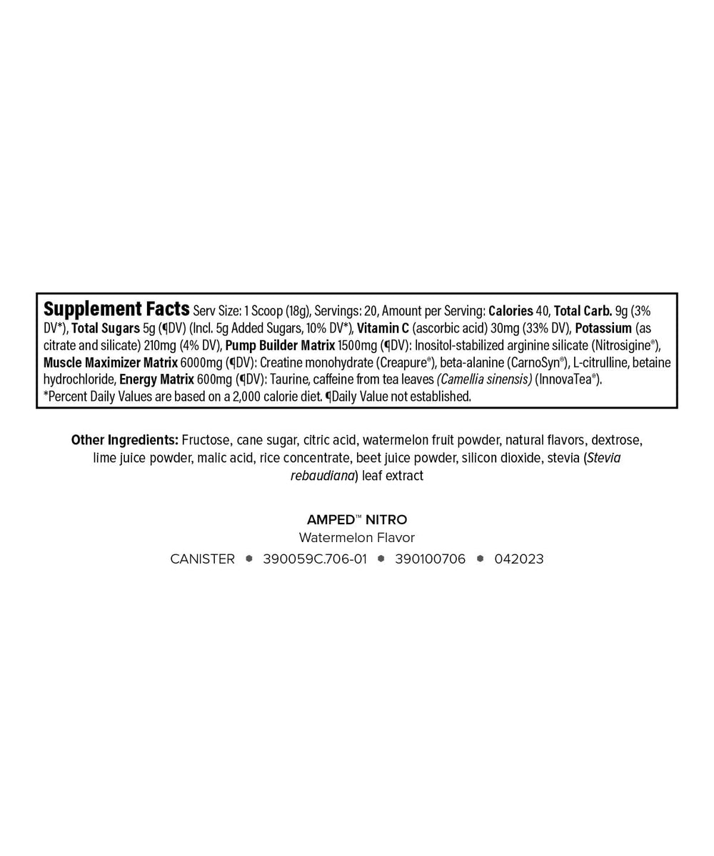 Ingredients label for Amped Nitro pre-workout