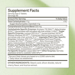Chewable digestive enzyme blend showing enzymes such as amylase, lipase, lactase