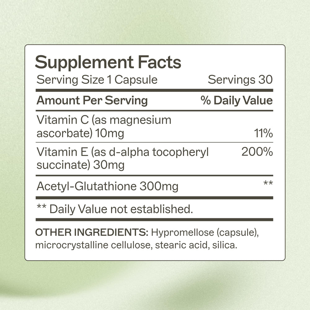 Close-up of the product label featuring acetyl-glutathione
