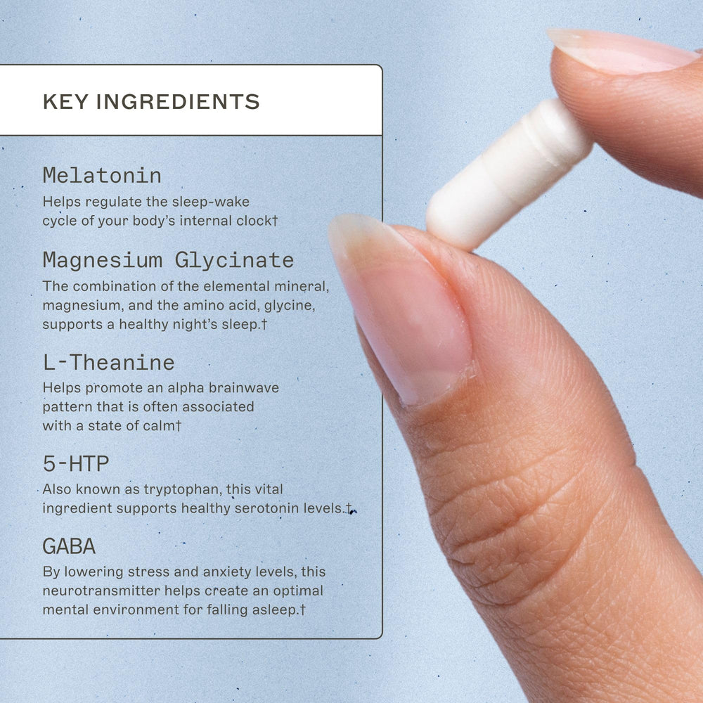 Rest & Restore with Melatonin bottle and capsules spread