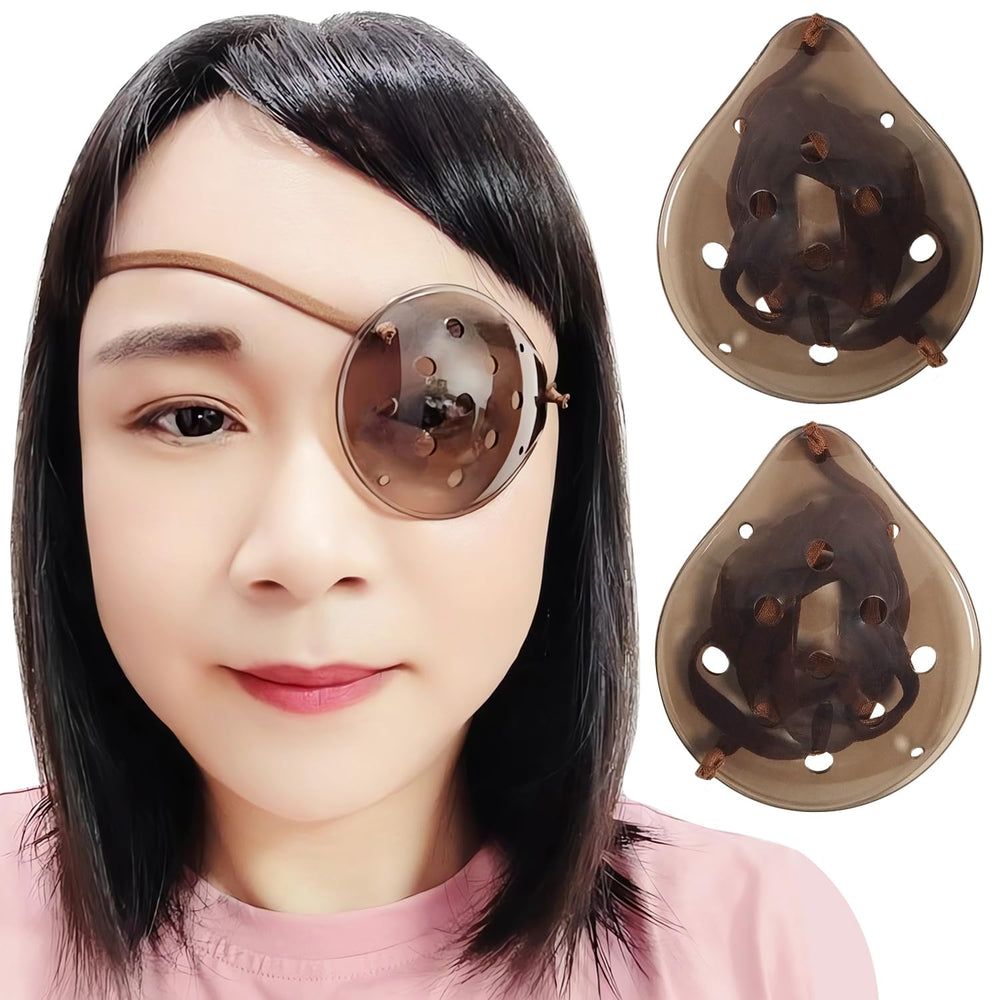 AMZVIO 2-piece eye shields for cataract surgery, dark clear plastic with brown strap